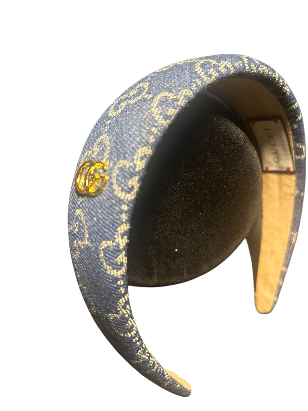 Gucci Blue GG Denim Padded Headband with Gold Double G Accent - Picture 1 of 4